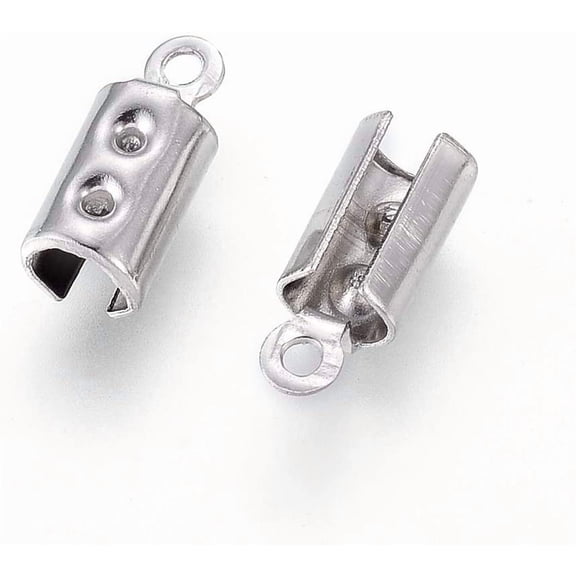 100Pcs Fold Over Cord Ends 304 Stainless Steel Column Folding Crimp Ends Leather Rope Ending Caps Jewelry Connector for Jewelry Making Brown