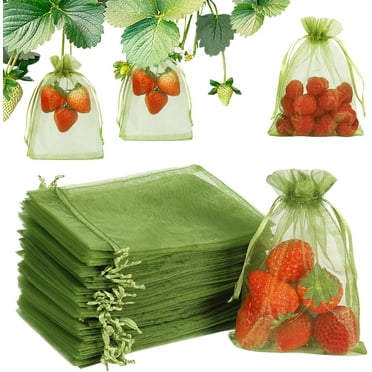 100Pcs Fruit Protection Bags, 4x6 Inch Green Fruit Netting Cover Drawstring Mesh Bags Pest Barrier for Strawberry Blueberry Small Fruit