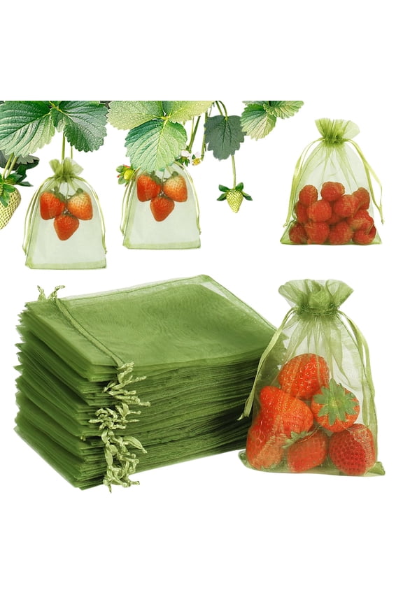 100Pcs Fruit Protection Bags, 4x6 Inch Green Strawberry Netting Cover Drawstring Mesh Bags Pest Barrier for Blueberry Small Fruit