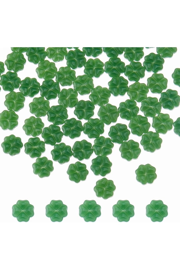 100Pcs Glass Four Leaf Clover Beads 10.5mm St. Patricks Day Beads Imitation Jade Glass Beads Dark Green Shamrock Loose Beads for Jewelry Making Bracelet Necklace Earring Key Chains diy