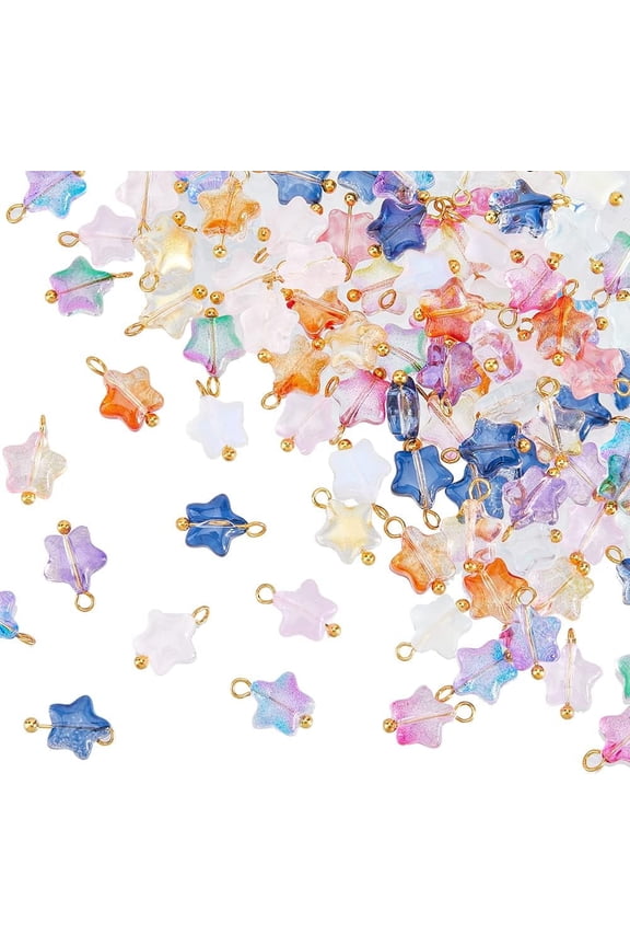 about 100Pcs Glass Star Charms Mixed Color Star Dangle Charms Transparent Crystal Star Pendants Colorful Charm Tiny Smooth Charms End Drop Beads with Golden Brass Loop for DIY Jewelry Making DIY