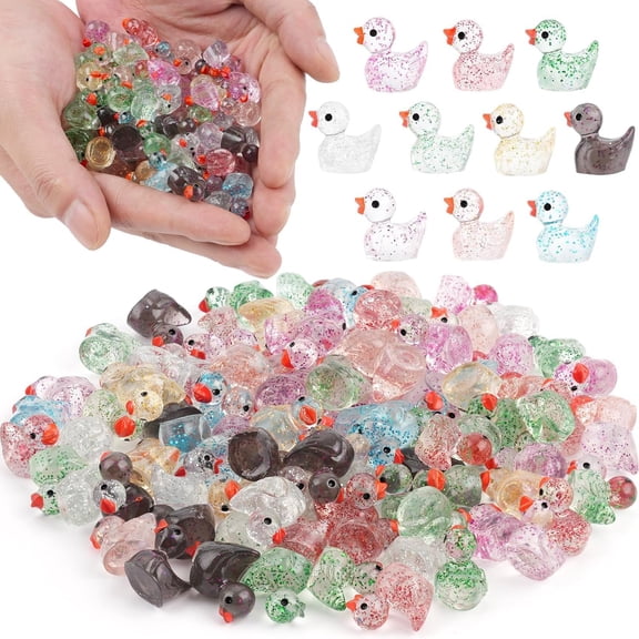 100Pcs Glitter Mini Resin Ducks, Colorful Tiny Ducks Figurines Bulk for Miniature Dollhouse Decor Accessories Garden Aquarium Potted DIY Ornament Charms Office Classroom Activity to Hide Party Toys