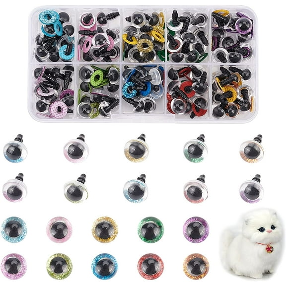 100Pcs Glitter Safety Eyes Glitter, 10mm Round Eyes Amigurumi Craft Eyes with Washers for Teddy Bear