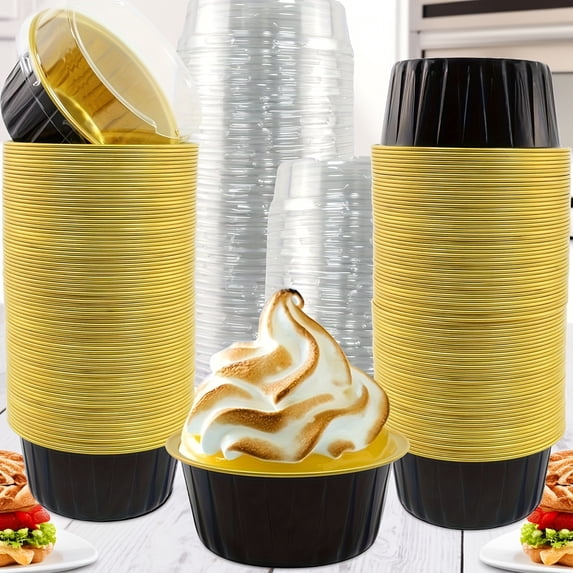 100Pcs Gold Aluminum Foil Baking Cups with Lids (50 Cups + 50 Lids), 5oz Mini Dessert Pans, Disposable Cheesecake Molds for Cream Puddings, Tiramisu, Cupcakes, Elegant Party Favor Tins,Black