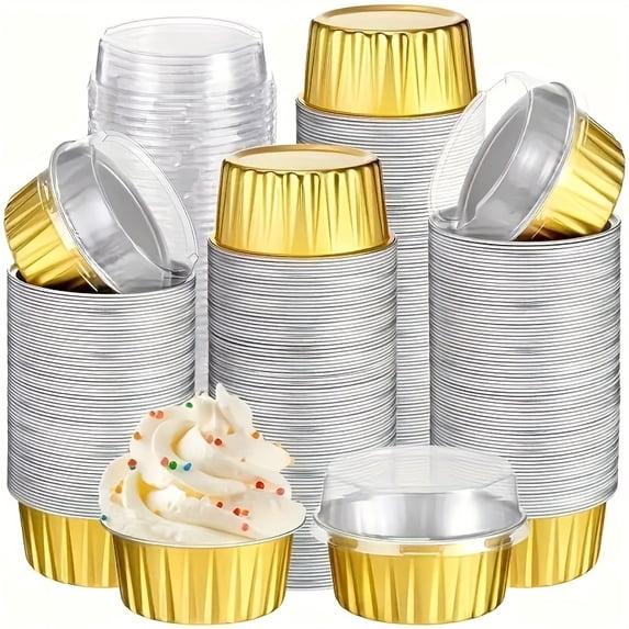 100Pcs Gold Aluminum Foil Baking Cups with Lids (50 Cups + 50 Lids), 5oz Mini Dessert Pans, Disposable Cheesecake Molds for Cream Puddings, Tiramisu, Cupcakes, Elegant Party Favor Tins,Golden