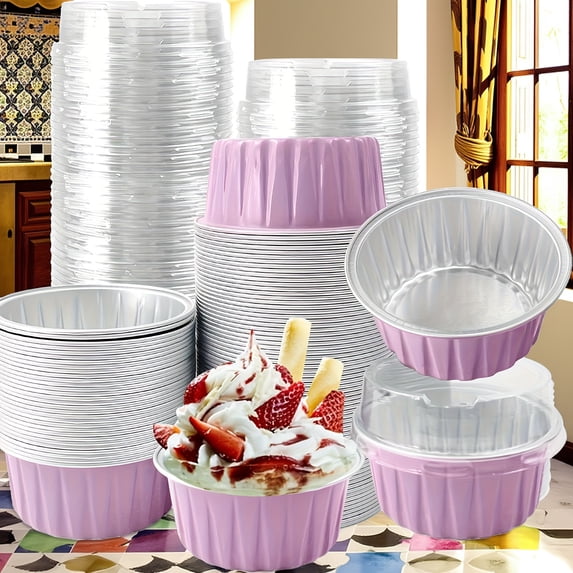 100Pcs Gold Aluminum Foil Baking Cups with Lids (50 Cups + 50 Lids), 5oz Mini Dessert Pans, Disposable Cheesecake Molds for Cream Puddings, Tiramisu, Cupcakes, Elegant Party Favor Tins,pink color