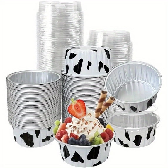 100Pcs Gold Aluminum Foil Baking Cups with Lids (50 Cups + 50 Lids), 5oz Mini Dessert Pans, Disposable Cheesecake Molds for Cream Puddings, Tiramisu, Cupcakes, Elegant Party Favor Tins,Cow Color