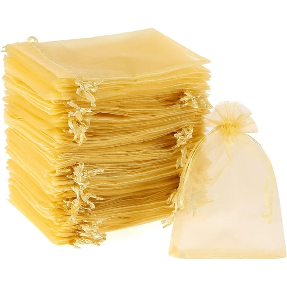 100Pcs Gold Organza Bags. 4X6" Candy Mesh Drawstring Favor Bags Jewelry Pouches for Christmas, Wedding Party, Thanksgiving, Valentines Day Small Gift Bags