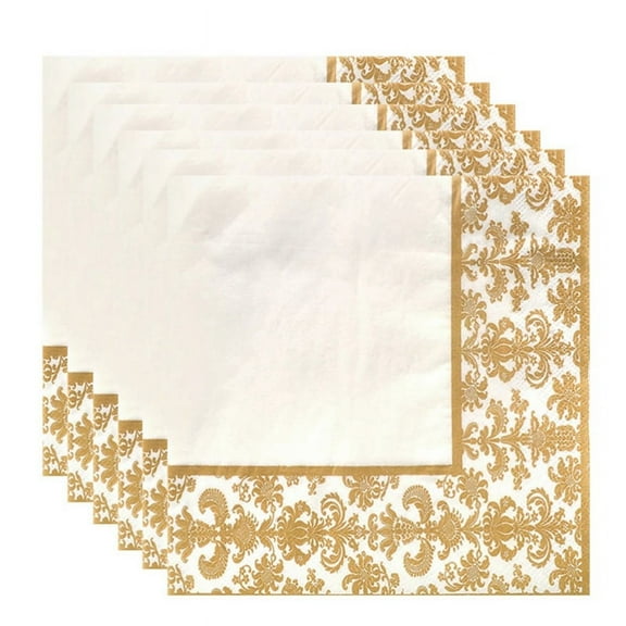 100Pcs Gold Printing Disposable Napkin Tissue Paper Napkins for Restaurant and Hotel (Golden + White)