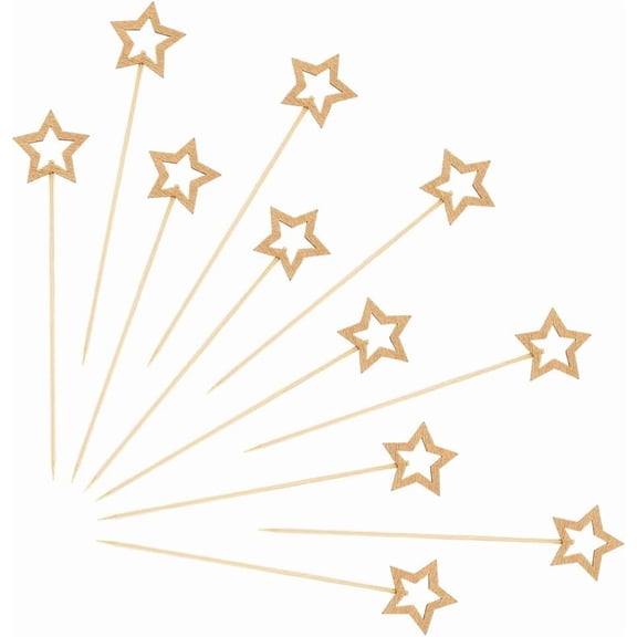 100Pcs Gold Star Cocktail Picks Decorative Fancy Toothpicks for Appetizers Cocktail Sticks Skewers Bamboo Cupcake Toppers Wood Star Brown