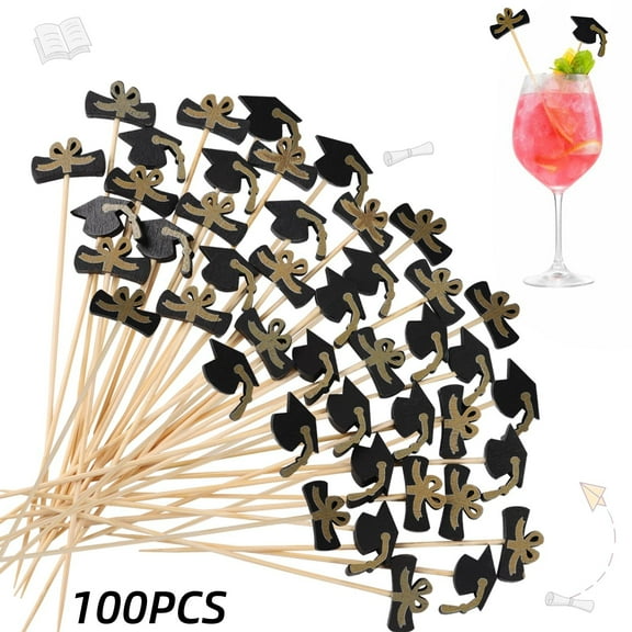 100Pcs Graduation Cocktail Picks,4.7inch Graduation Bamboo Toothpicks for Graduation Party Food Drinks Appetizer Fruit Sandwich Cake Congrats Grad Cocktail Parties Supplies