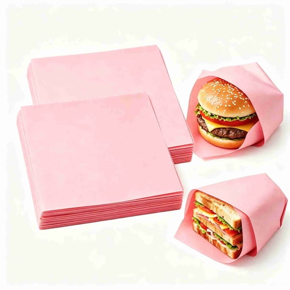 100Pcs Grease Resistant Square Deli Paper Sheets 12 x 12 Inch, Disposable Food Wrapping Liner Paper for Fried Chicken Snack Basket Packaging, Pink
