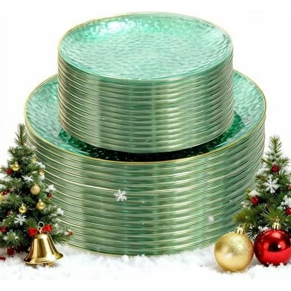 100Pcs Green Plastic Plates, Hammered Plates Disposable Heavy Duty, Green Disposable Plates With Gold Rim, Fancy Plastic plates Include 50 Dinner and 50 Dessert plates for Wedding