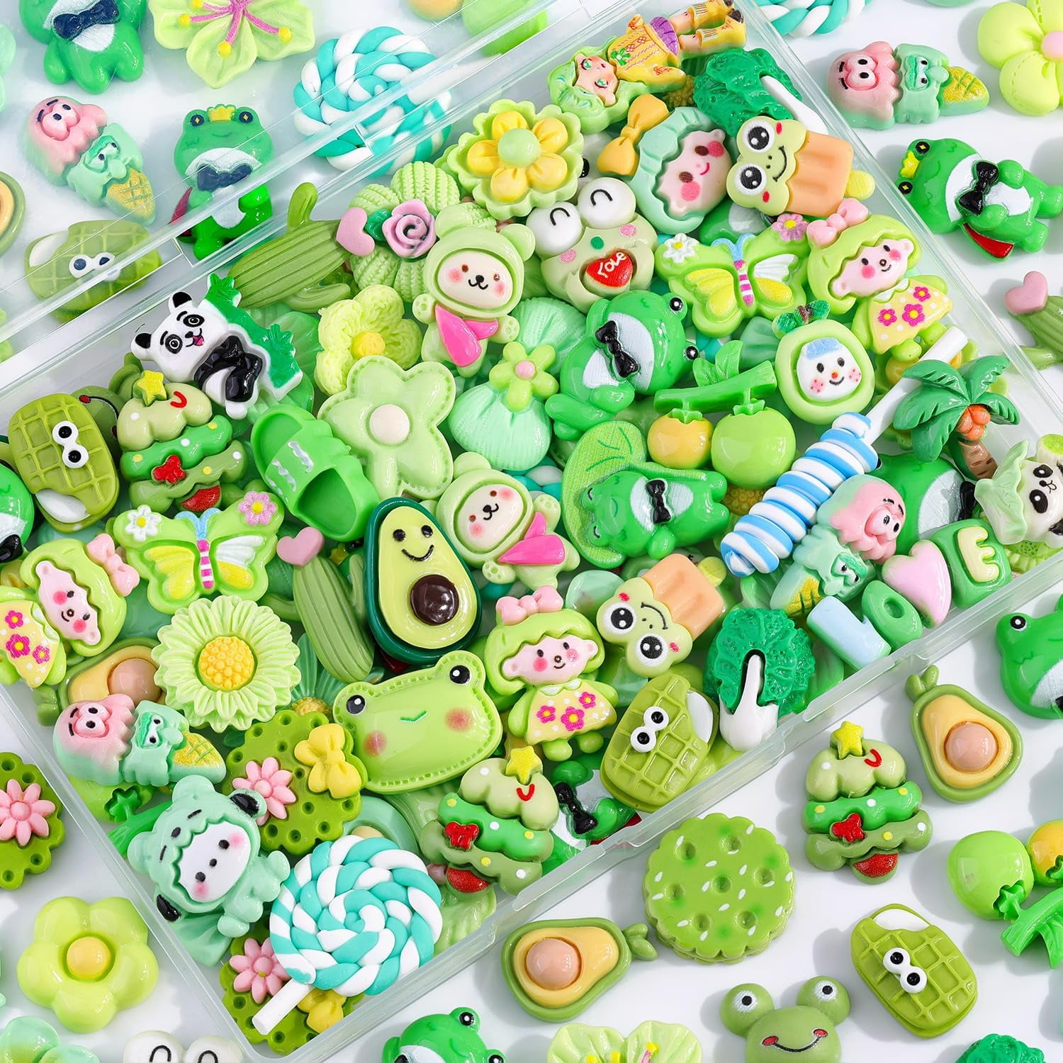 MEC 100Pcs Green Slime Charms Assorted Cute Decoden Embellishments, Kawaii Slime Accessories,Candy Heart Bear Bulk Flatback Resin Charm for Phone Junk Cases,Scrapbooking Crafting & DIY Decoration