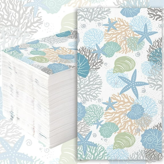 100Pcs Guest Napkins Starfish Summer Ocean Sea Coastal Napkins Beach Cocktail Napkin for Nautical Birthday Dinner Bathroom Party Supplies
