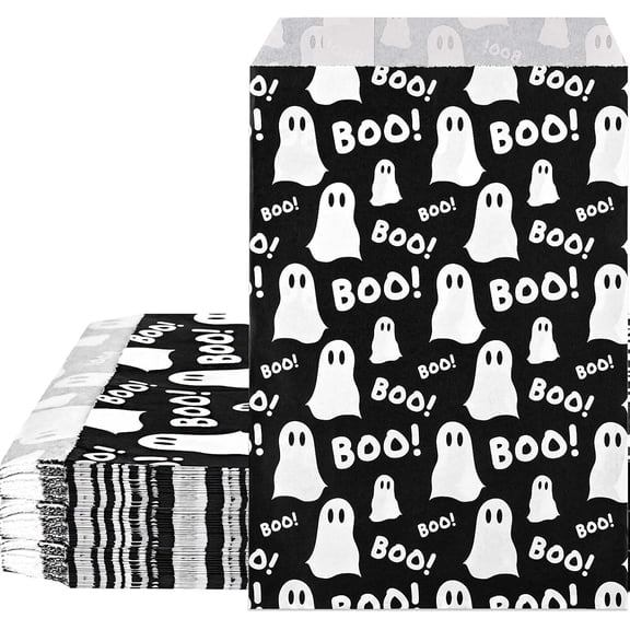 100Pcs Halloween Treat Bags Black White Boo Ghost Paper Goodie Candy Bags Halloween Party Favor Bags for Snacks Cookie Chocolate for Trick or Treat Party Supplies
