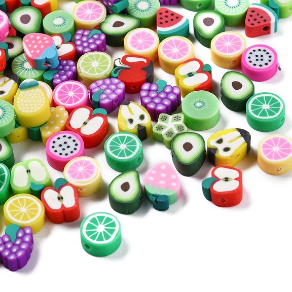 100Pcs Handmade Polymer Clay Fruit Theme Beads 1Roll Elastic Thread for DIY Bracelet Finding Kits Mixed Color Beads: 100pcs DIY