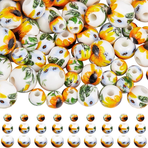 100Pcs Handmade Printed Porcelain Beads Sets Round Yellow 6~10mm Hole: 1.6~2mm DIY