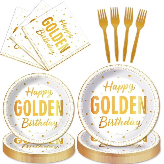 100Pcs Happy Golden Birthday Party Decorations White Gold Disposable Paper Plates Napkins Golden Birthday Girls Boys Men Tableware Set for 25 Guests Gold Baby Shower Party Supplies Favors Y114