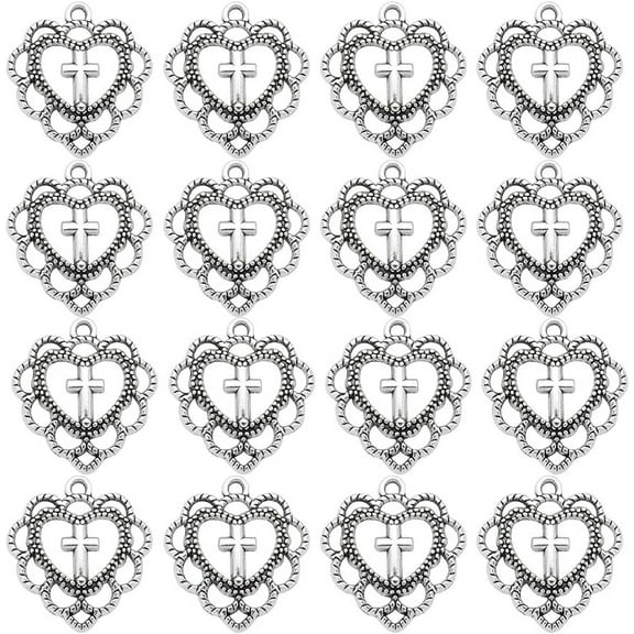 100Pcs Heart Cross Charms Bulk Mini Cross Beads Tibetan Style Antique Silver Heart Love Charm Vintage Flower Shaped Hollow Crucifix Charm