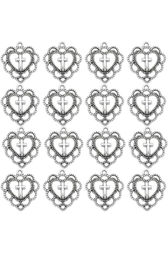 100Pcs Heart Cross Charms Bulk Mini Cross Beads Tibetan Style Antique Silver Heart Love Charm Vintage Flower Shaped Hollow Crucifix Charm