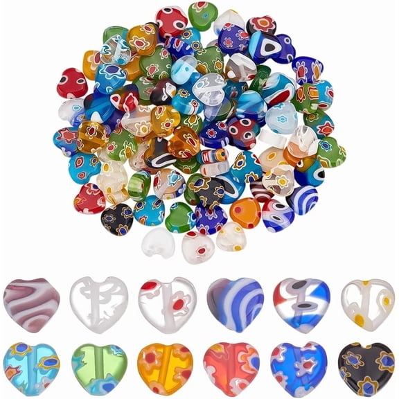 100Pcs Heart Handmade Millefiori Lampwork Beads Glass Flower Bead 8mm Love Shape Loose Spacer Beads