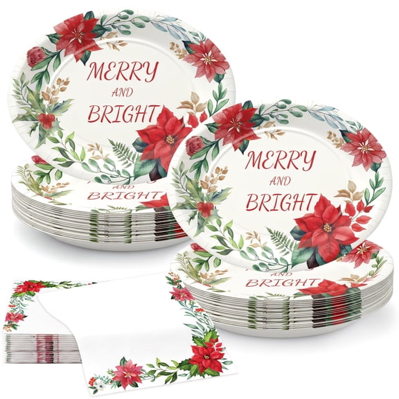 100Pcs Heavy Duty Oval Christmas Paper Plates and Napkins Set, 12 inch Large Poinsettia Christmas Dinner Plates Disposable Party Set, Merry & Bright Floral Dinnerware for Holiday Xmas Party Supplies