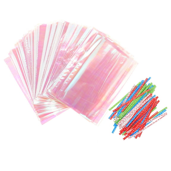 100Pcs Hologram Cellophane Treat Bags Cookie Bags with Colorful Ties Clear Cello Bakery Candies Gifts Wrapping Bags 10x15cm