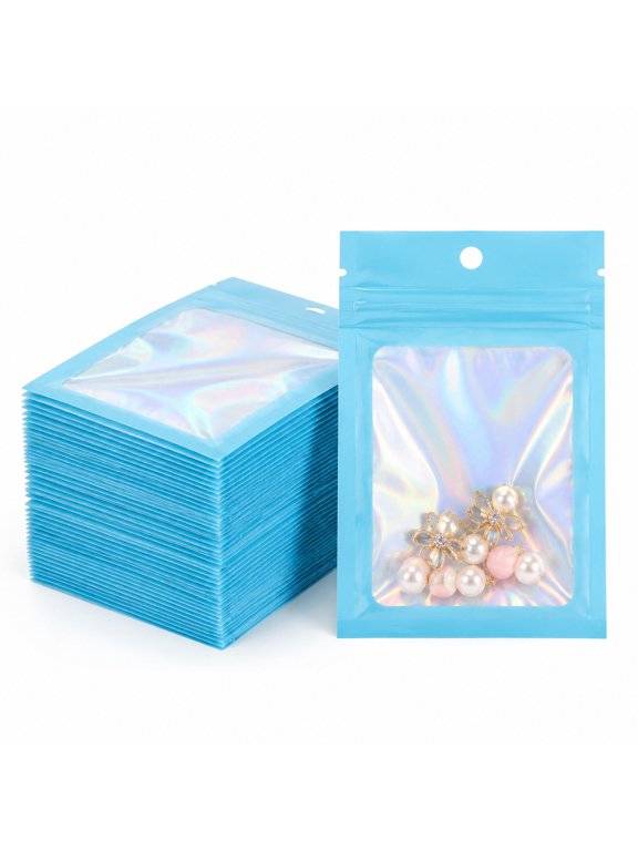 100Pcs Holographic Blue Mylar Bags, Smell Proof Packaging Bags, 4.3x5.9inch, Resealable Foil Zipper Pouch for Candy Jewelry Goodie Gift & Party Favors for Jewelry Candy Treat Sample Favor