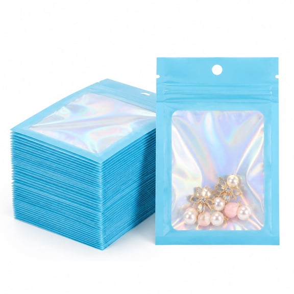 100Pcs Holographic Blue Mylar Bags, Smell Proof Packaging Bags, 4.3x5.9inch, Resealable Foil Zipper Pouch for Candy Jewelry Goodie Gift & Party Favors for Jewelry Candy Treat Sample Favor