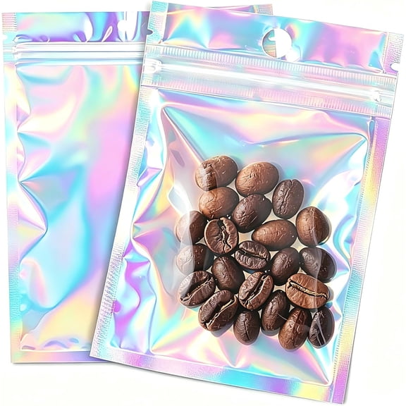 100Pcs Holographic Packaging Bags, 2.7x3.9 inch Resealable Foil Pouch Mylar Sample Bag Great for Small Business and Party Favor Food Storage Favors, Small Business Packaging