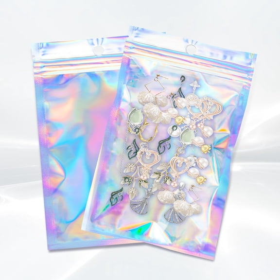 100Pcs Holographic Packaging Bags, 3.1x4.7 inch Resealable Foil Pouch Mylar Sample Bag Great for Small Business and Party Favor Food Storage