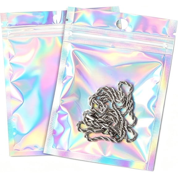 100Pcs Holographic Packaging Bags, 3.5x4.7 inch Resealable Foil Pouch Mylar Sample Bag Great for Small Business and Party
