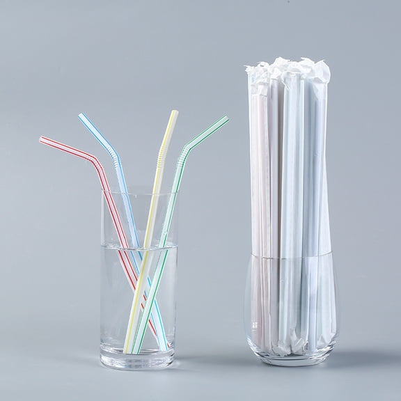 100Pcs Individually Wrapped Disposable Plastic Straws with Color Strip Patterns, Sanitary Single Pack Beverage Tubes, Clean Portable Supply for Cafe and Daily Drink Matching