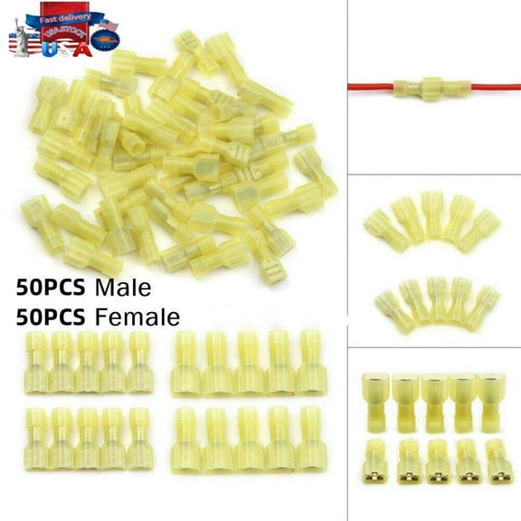 100Pcs Insulated 12-10AWG Wire Crimp Terminals Male Female Nylon Spade Connector