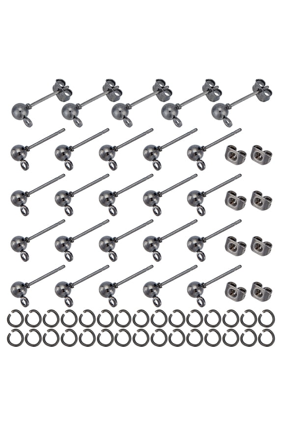 100Pcs Iron Ball Stud Earring Findings with Horizontal Loops 100Pcs Friction Ear Nuts 100Pcs 304 Stainless Steel Open Jump Rings Gunmetal diy