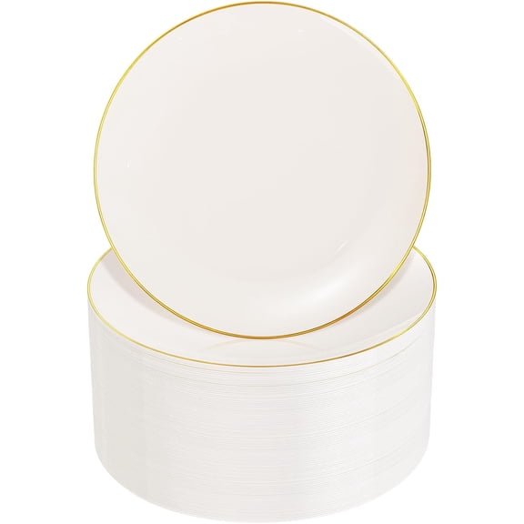 100Pcs Ivory and Gold Plastic Plates - 7.5inch Disposable Ivory Dessert/Salad Plates - Heavy Duty Plastic Plate Ideal for Wedding & Party & Thanksgiving