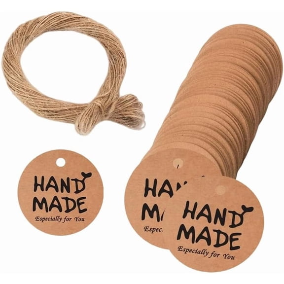 100Pcs Kraft Paper Flat Round Labels 3cm Gift Wrap Tags Brown Hang Price Tags with Hemp Rope Word Handmade for Arts Crafts Jewelry Display Presents Packaging Making DIY