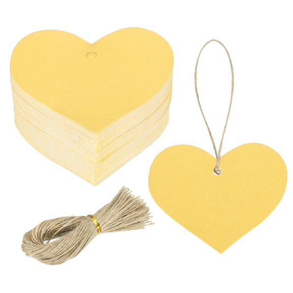 100Pcs Kraft Paper Gift Tags with String, 2.2 x 2.6 Inch Heart Shape Paper Labels Glittery Yellow Gift Tags