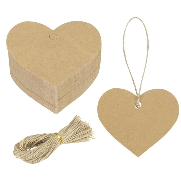 100Pcs Kraft Paper Gift Tags with String, 2.2 x 2.6 Inch Heart Shape Paper Labels Leather Color Gift Tags