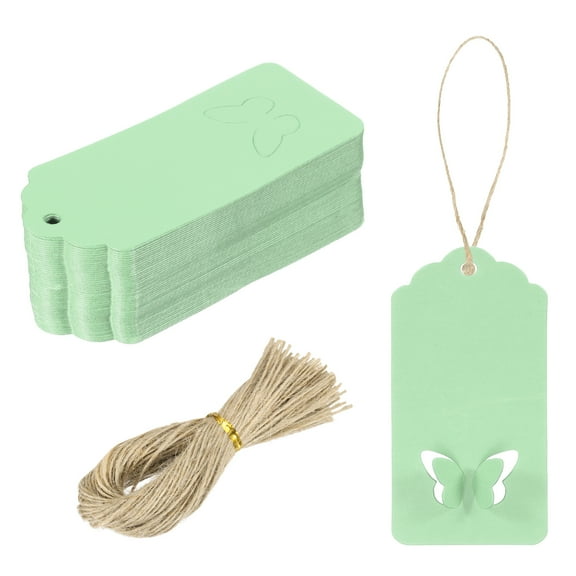 100Pcs Kraft Paper Gift Tags with String, 3.5 x 1.6 Inch Wave Shape Paper Labels Light Green Gift Tags
