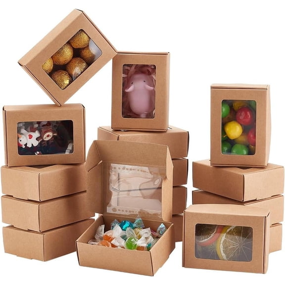 100Pcs Kraft Paper Storage Boxes with Visible Window Square BurlyWood 8.5x6x3cm for DIY