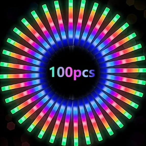 100Pcs LED Light Up Foam Sticks with Color Flashing, Glow Party Supplies for Wedding Birthday, Raves, Concert, Camping, New Year, Carnival, Halloween Christmas, Colorful Lights