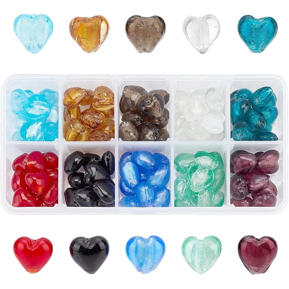 100Pcs Lampwork Glass Bead Heart Handmade Glass Lampwork Spacer Beads 12x12mm Mixed Color Silver Foil Loose Beads