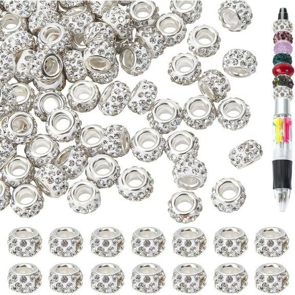 100Pcs Large Hole Beads for Pens Focal Beads 10 mm European Beads for Beadable Pens Polymer Clay Spacer Beads Rhinestone Loose Beads for Snake Chain Bracelet Jewelry Making