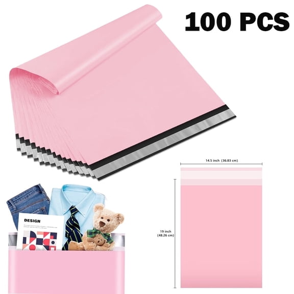 100Pcs Large Poly Mailers, 14.5 x 19 inch Pink Waterproof and Tear-Proof Self Adhesive Shipping Bags, Strong Thick Mailing Bags for Clothing, Small Business