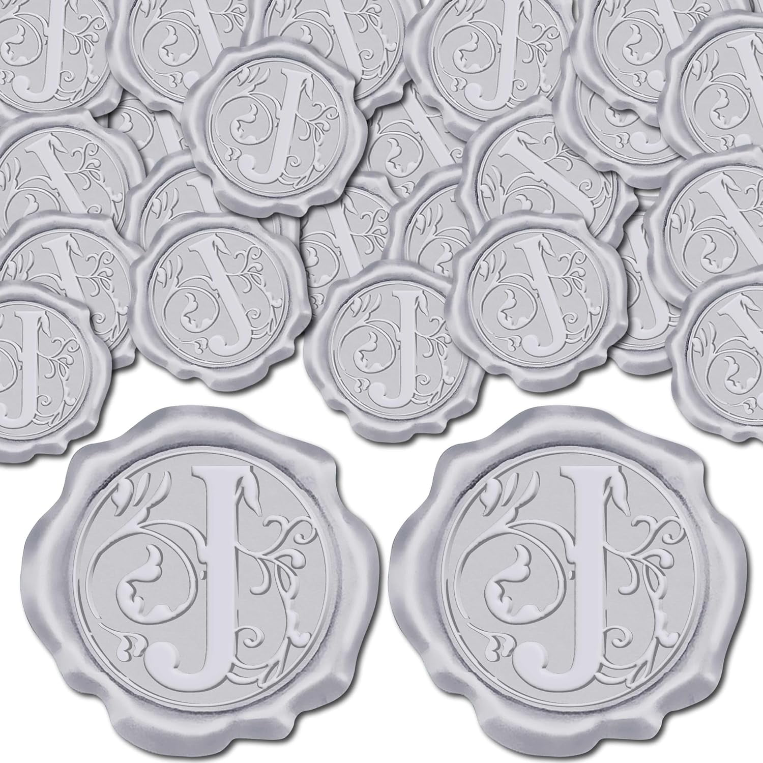 100Pcs Letter J Wax Seal Sticker Wedding Vintage Invitations Silver Sealing Initial Label Decal Self Adhesive for Gift Wrapping Birthday Greeting Cards Making Christmas Valentine Day Silver