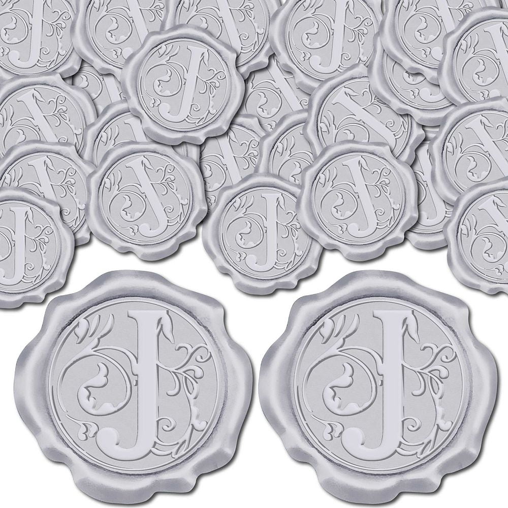 100Pcs Letter J Wax Seal Sticker Wedding Vintage Invitations Silver Sealing Initial Label Decal Self Adhesive for Gift Wrapping Birthday Greeting