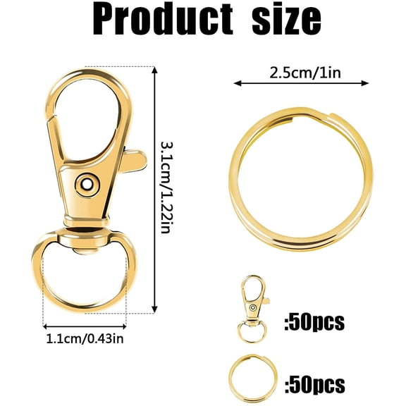 100Pcs Lobster Claw Clasps, Gold Swivel Snap Hooks with Key Rings, Keychain Clip Hooks, Key Chain Rings for Lanyard Clip Jewelry Making Crafts, Gold