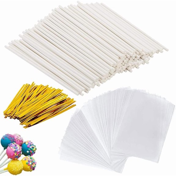 100Pcs Lollipop Cake Pop Sticks 5.9 Inches, 100Pcs Cake Pop Bags(5.9"X3.1"), 100pcs Gold Metallic Twist Ties, for DIY Lollipops, Cake Pops, Candies, Chocolates Making Tools